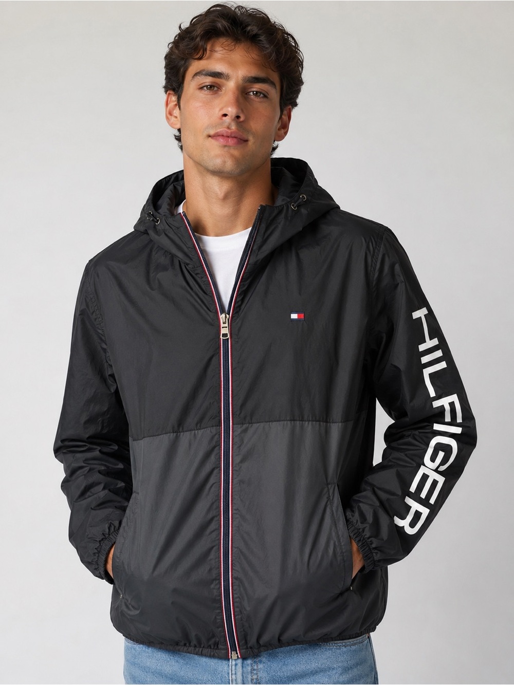 Tommy Hilfiger Black & Gray Hooded Windbreaker Jacket logo on sleeve men’s Large